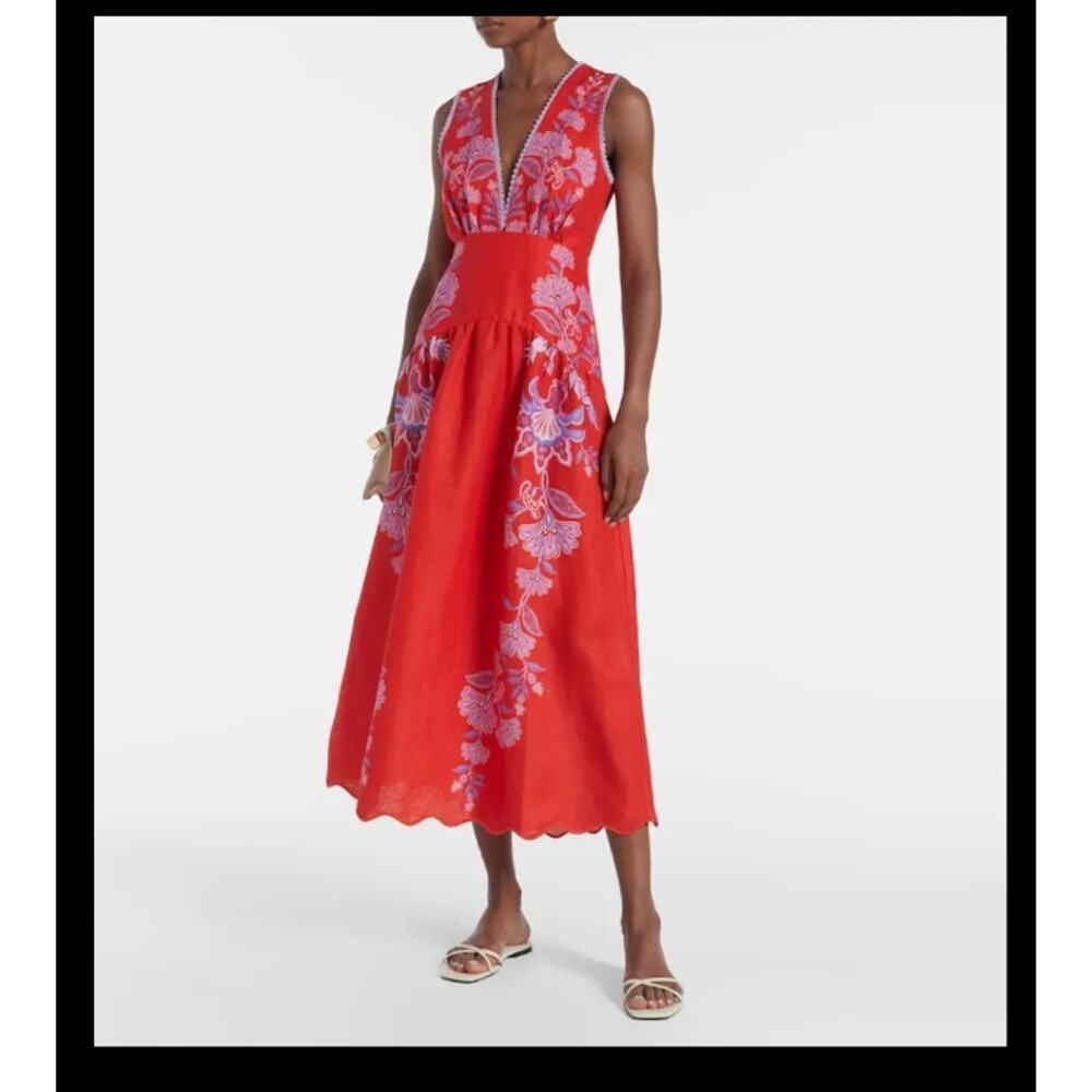 NEW NWT Farm Rio Porcelain Garden Floral Linen Midi Dress Size XS Red